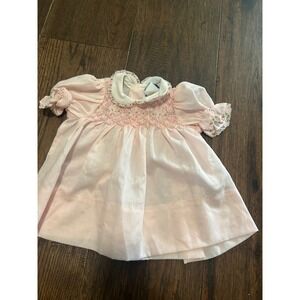 Infant Girl Pink Smocked Dress Floral Lace Trim Short Sleeve